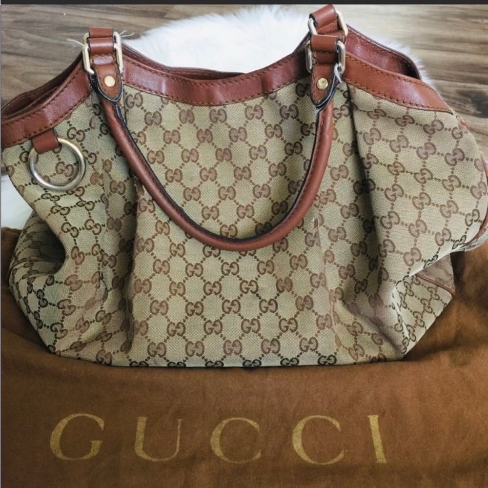 Large Gucci Sukey light brown/beige GG Monogram Canvas Leather Tote